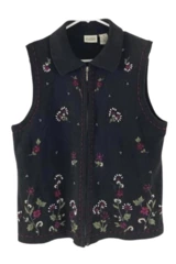 Classic Elements Black Knit Zip-Up Vest Women's Medium Embroidered Beading