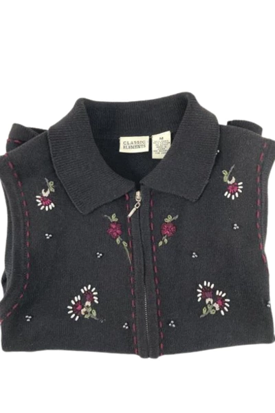 Classic Elements Black Knit Zip-Up Vest Women's Medium Embroidered Beading