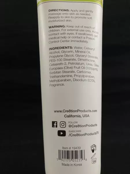 Cre8tion Olive Hand & Body Lotion 3.3 oz - Lightweight & Fresh in Box