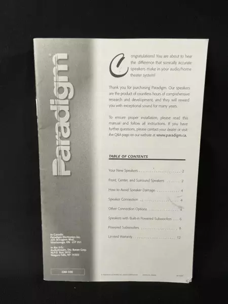 Paradigm OM100 Speaker Instruction Manual - Vintage - Good Condition