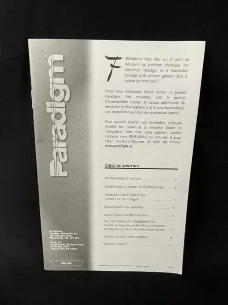 Paradigm OM100 Speaker Instruction Manual - Vintage - Good Condition