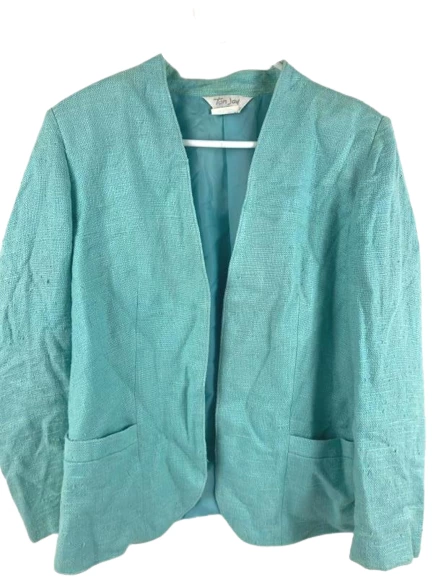 Vintage Tan Jay Women's Cardigan Sz 14 Turquoise Open Front Long Sleeve Jacket