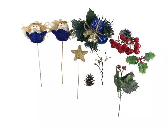 Lot of Christmas Pine Cone Decor Picks with Angels, Ornaments & Holly
