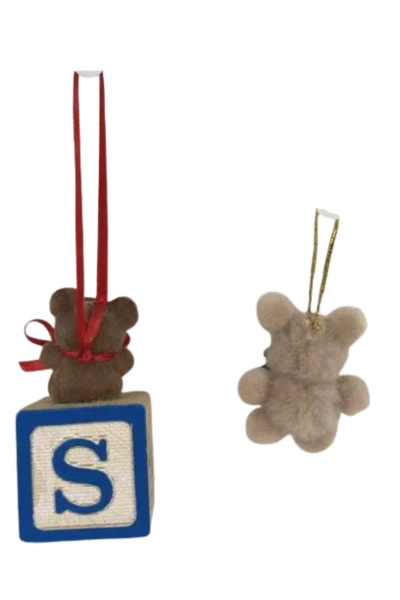 Lot of 2 Vintage Teddy Bear Ornaments & Alphabet Blocks for Christmas Decor