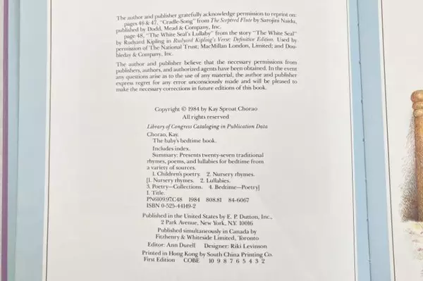 The Baby's Bedtime Book by Kay Chorao 1984 Hardcover First Edition Dutton