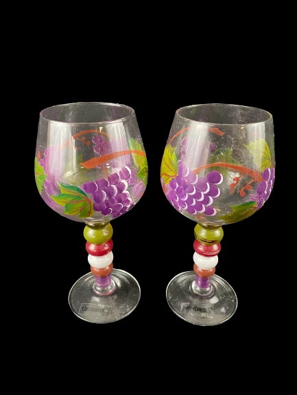 Hand Painted Grape Cluster Wine Glasses Multi Color Bubble Stem Set of 2