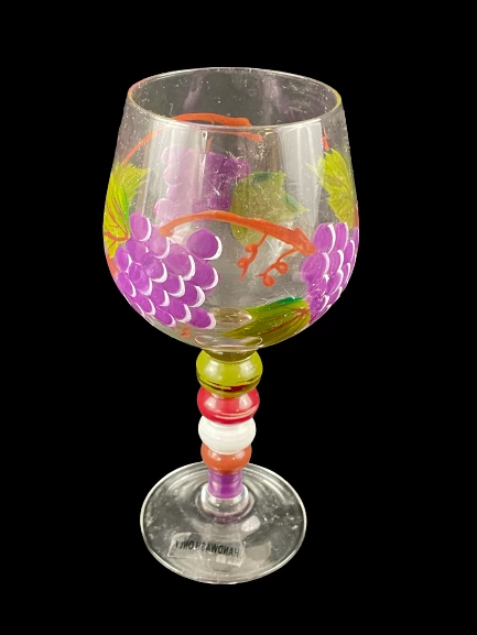 Hand Painted Grape Cluster Wine Glasses Multi Color Bubble Stem Set of 2