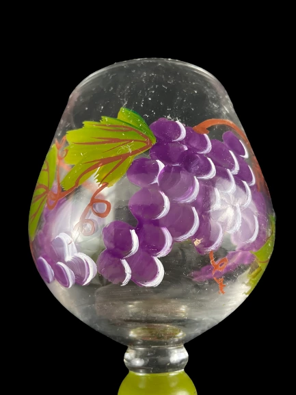Hand Painted Grape Cluster Wine Glasses Multi Color Bubble Stem Set of 2