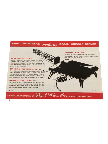 Vintage Regal Automatic Electric Small Fry Griddle Server Manual Good Condition