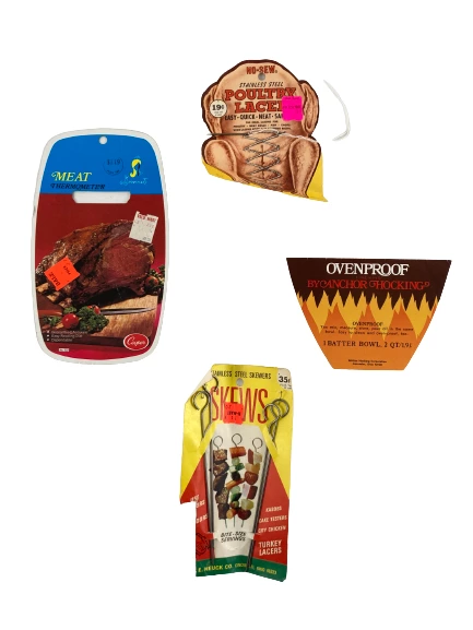 Lot of Vintage Cooking Labels: No Sew Poultry Lacer, Thermometer, Skewers