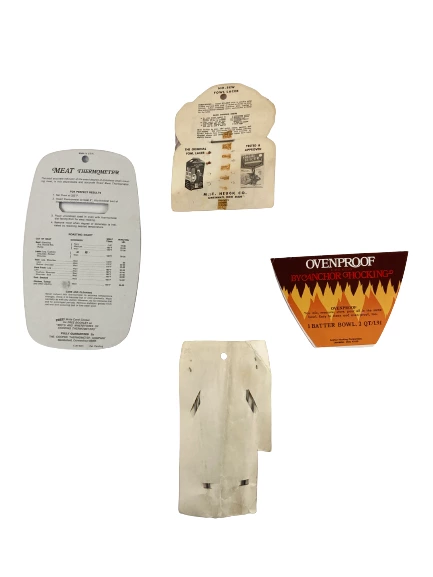 Lot of Vintage Cooking Labels: No Sew Poultry Lacer, Thermometer, Skewers