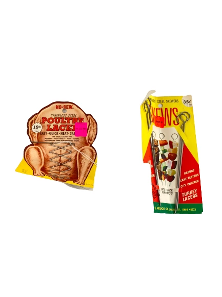 Lot of Vintage Cooking Labels: No Sew Poultry Lacer, Thermometer, Skewers