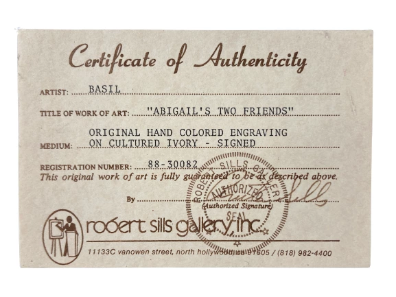 Vintage Hand Colored Engraving "Abigail's Two Friends" COA Cultured Ivory