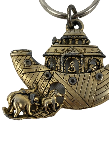 Noah's Ark Keychain with Animals - Vintage Bronze & Silver Tone - Good Condition
