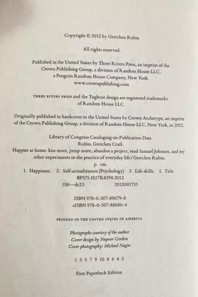 2012 Happier At Home by Gretchen Rubin Paperback Book Good Condition