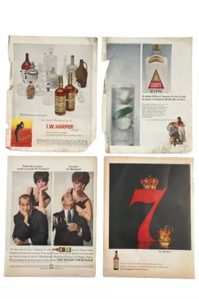Lot of 4 Vintage 1960s Alcohol Ads I.W. Harper, Seagram's, Gilbey's, Heublein