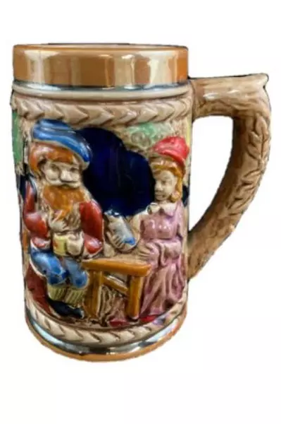 Vintage Ceramic Beer Stein Hunter & Woman Scene Oak Leaf Handle – Good Condition
