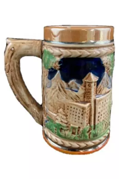 Vintage Ceramic Beer Stein Hunter & Woman Scene Oak Leaf Handle – Good Condition