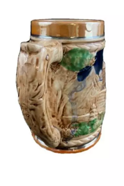 Vintage Ceramic Beer Stein Hunter & Woman Scene Oak Leaf Handle – Good Condition