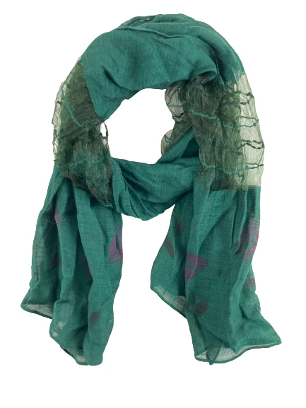 Forest Green & Purple Floral Semi-Sheer Scarf Wrap 68"x22" - Vintage Charm