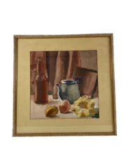 Vintage Framed Watercolor Painting Teapot Fruit Bottle Kitchen Art 21.5x22in