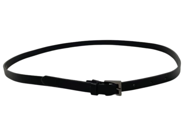 Women's Black Faux Leather Skinny Belt Size 14 with Silver Metal Buckle