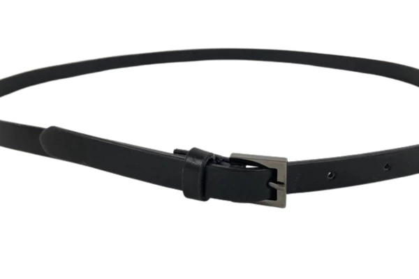 Women's Black Faux Leather Skinny Belt Size 14 with Silver Metal Buckle