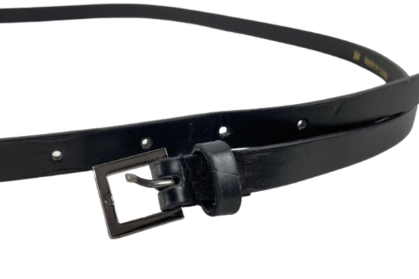 Women's Black Faux Leather Skinny Belt Size 14 with Silver Metal Buckle