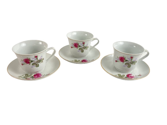 Lot of 3 Porcelain Cups & Saucers White with Pink Roses Xiang Shan Mark