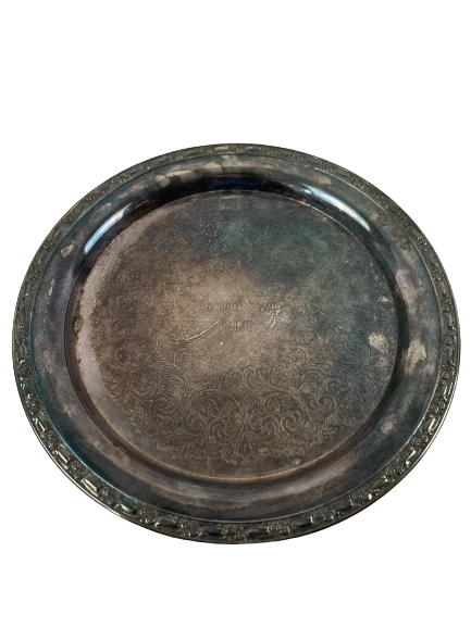 Vintage Engraved Silverplate Wedding Platter 12 Aug 72 Scroll Pattern 12.5in