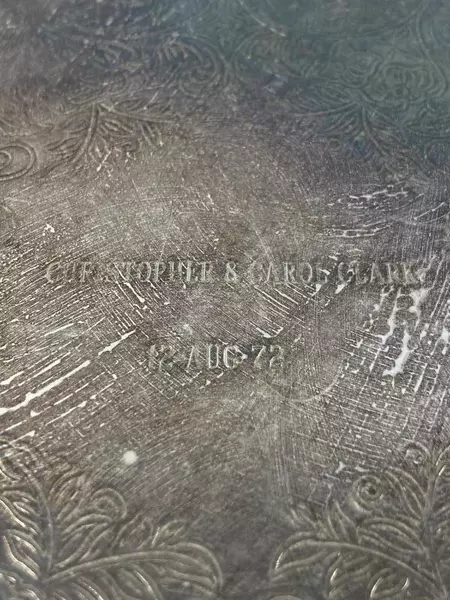 Vintage Engraved Silverplate Wedding Platter 12 Aug 72 Scroll Pattern 12.5in