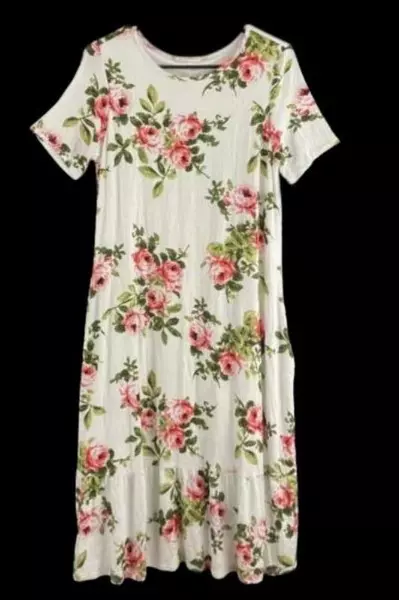 Stevie Hender White Floral Maxi Dress Small with Pockets & Short Sleeves