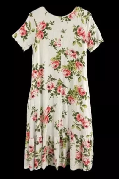 Stevie Hender White Floral Maxi Dress Small with Pockets & Short Sleeves