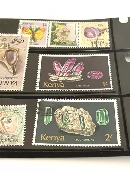 Lot of 17 Used Kenyan Stamps 1960s Gemstones, Shells & Flowers Collection