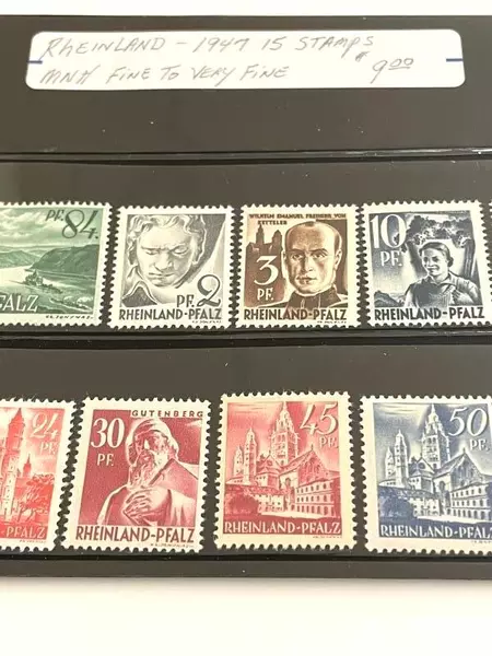 Lot of 15 Mint Fine 1947 Rheinland Postage Stamps for Collectors