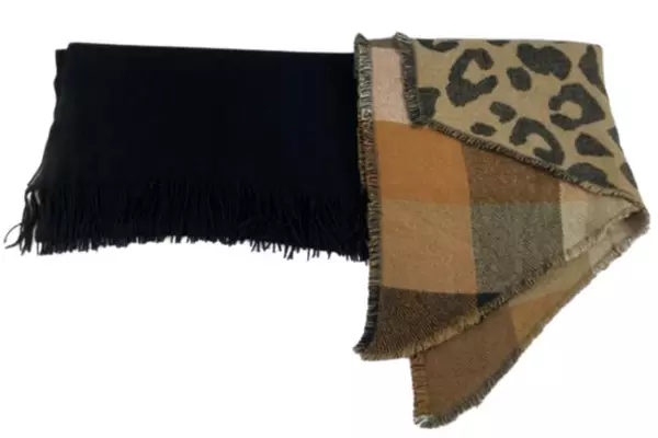 Lot of 2 Isaac Mizrahi Women's Scarves Black Tan Animal Print Fringe Knit