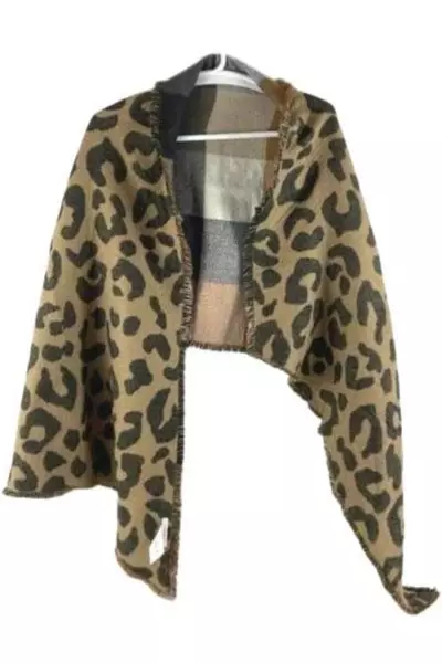 Lot of 2 Isaac Mizrahi Women's Scarves Black Tan Animal Print Fringe Knit