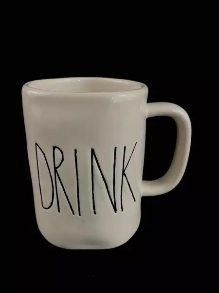 Rae Dunn M Magenta Ceramic Coffee Mug "DRINK" Artisan White Black 4.5"