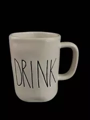 Rae Dunn M Magenta Ceramic Coffee Mug "DRINK" Artisan White Black 4.5"