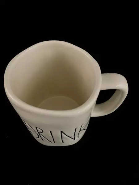 Rae Dunn M Magenta Ceramic Coffee Mug "DRINK" Artisan White Black 4.5"