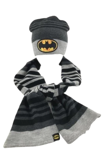 DC Comics Batman Beanie Hat Scarf Set Black Gray Yellow Bat Logo Stripes Kids