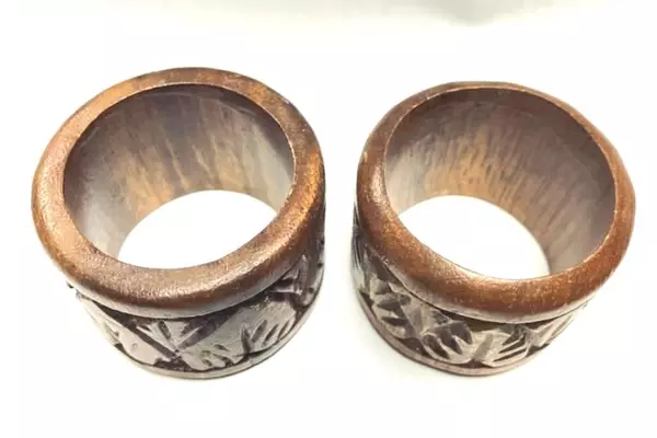 Vintage Wooden Napkin Rings Set of 2 Boho Round Tooled Dining Decor