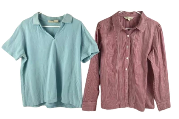 Lot of 2 St. John's Bay XL Women's Shirts Blue Polo & Red Striped Button-Down