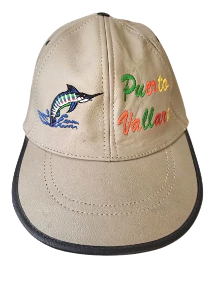 Vintage Puerto Vallarta Leather Cap with Swordfish Embroidery, Adjustable