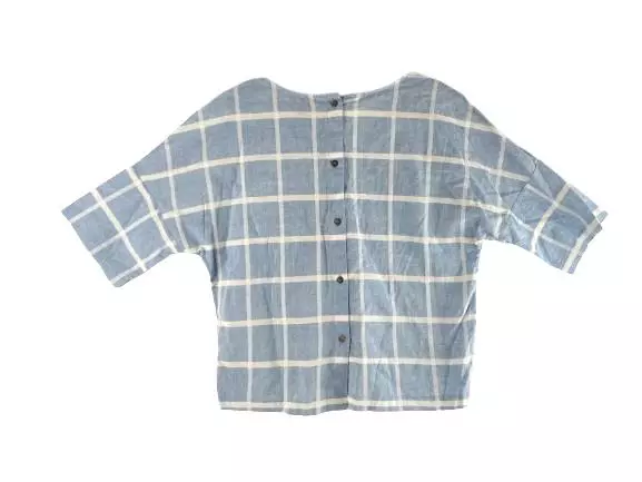 Lumiere Women's Medium Blue White Check Short Sleeve Shirt Top - Good Condition
