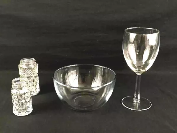 Lot of Kitchen Glassware: Wine Glass, Mixing Bowl, Salt & Pepper Shakers