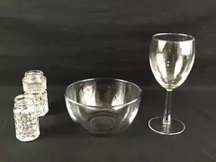 Lot of Kitchen Glassware: Wine Glass, Mixing Bowl, Salt & Pepper Shakers