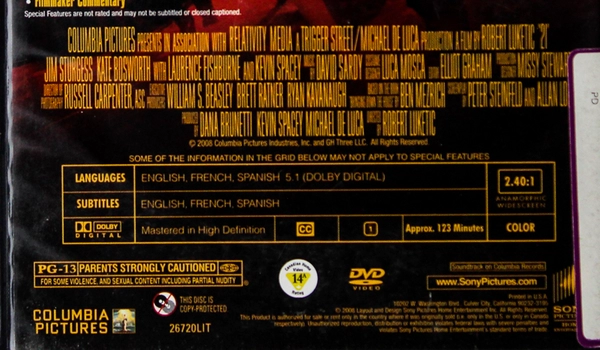 21 DVD Movie Starring Kate Bosworth & Kevin Spacey - Good Condition