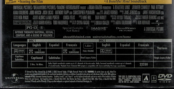 A Beautiful Mind DVD 2 Disc Awards Edition Russell Crowe 2002 PG13