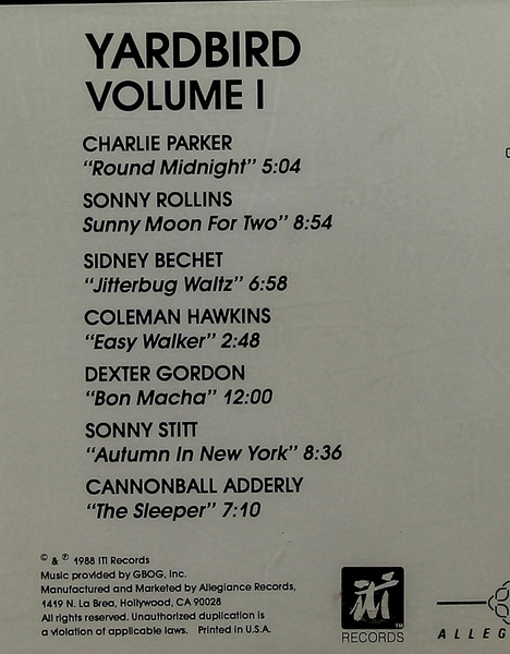 Yardbird and Friends Volume 1 CD 1988 iTi Records Jazz Music Good Condition